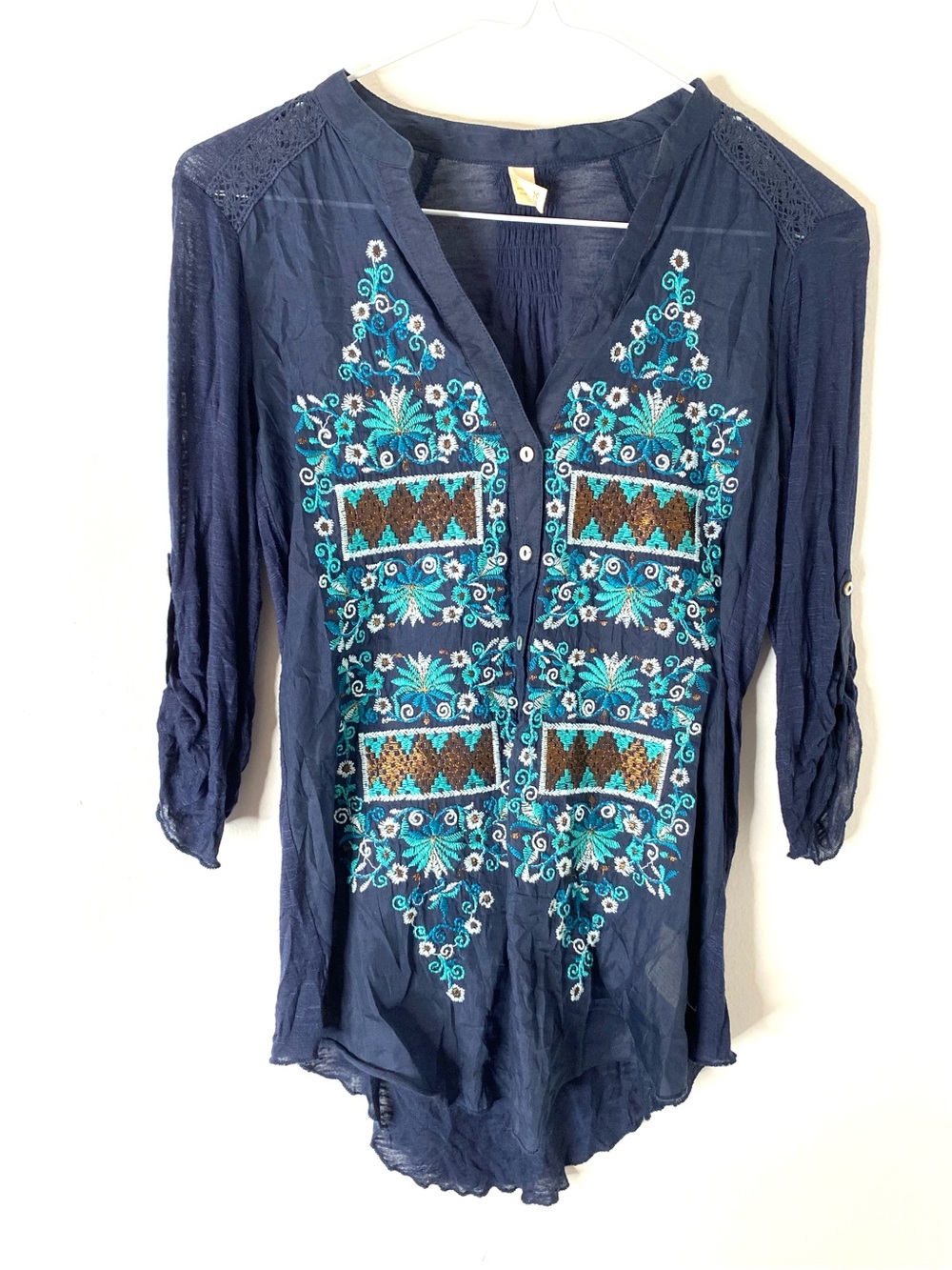 Tiny Anthropologie Silk Cotton Embroidered Boho Tunic Navy Blouse